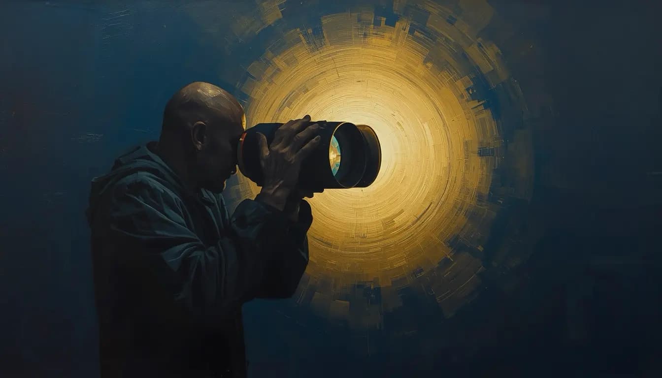 A figure looking through a telescope toward a golden light — representing clarity and insight