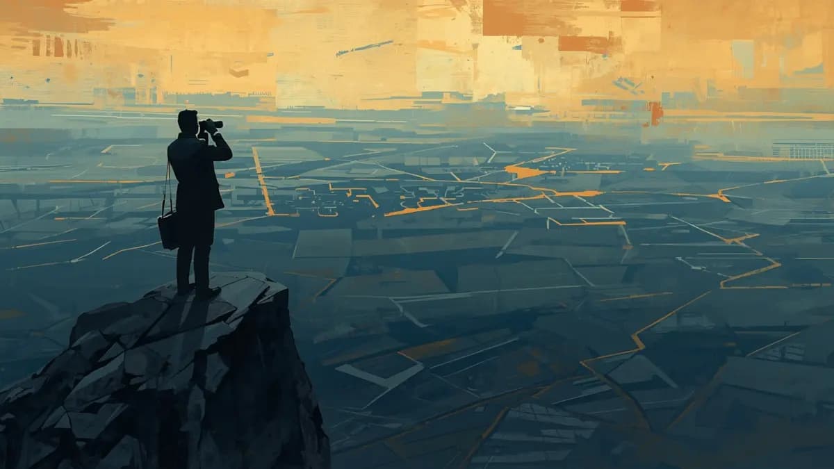 A figure studying a complex landscape from an elevated vantage point representing pattern recognition and strategic clarity